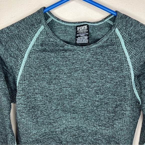 LARGE VICTORIAS SECRET PINK GREEN LONG SLEEVE ATHLETIC ACTIVEWEAR CROP TOP - Picture 8 of 11